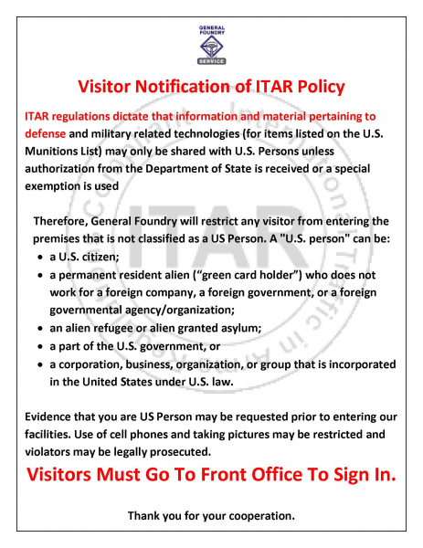 Visitor Notification of ITAR Policy